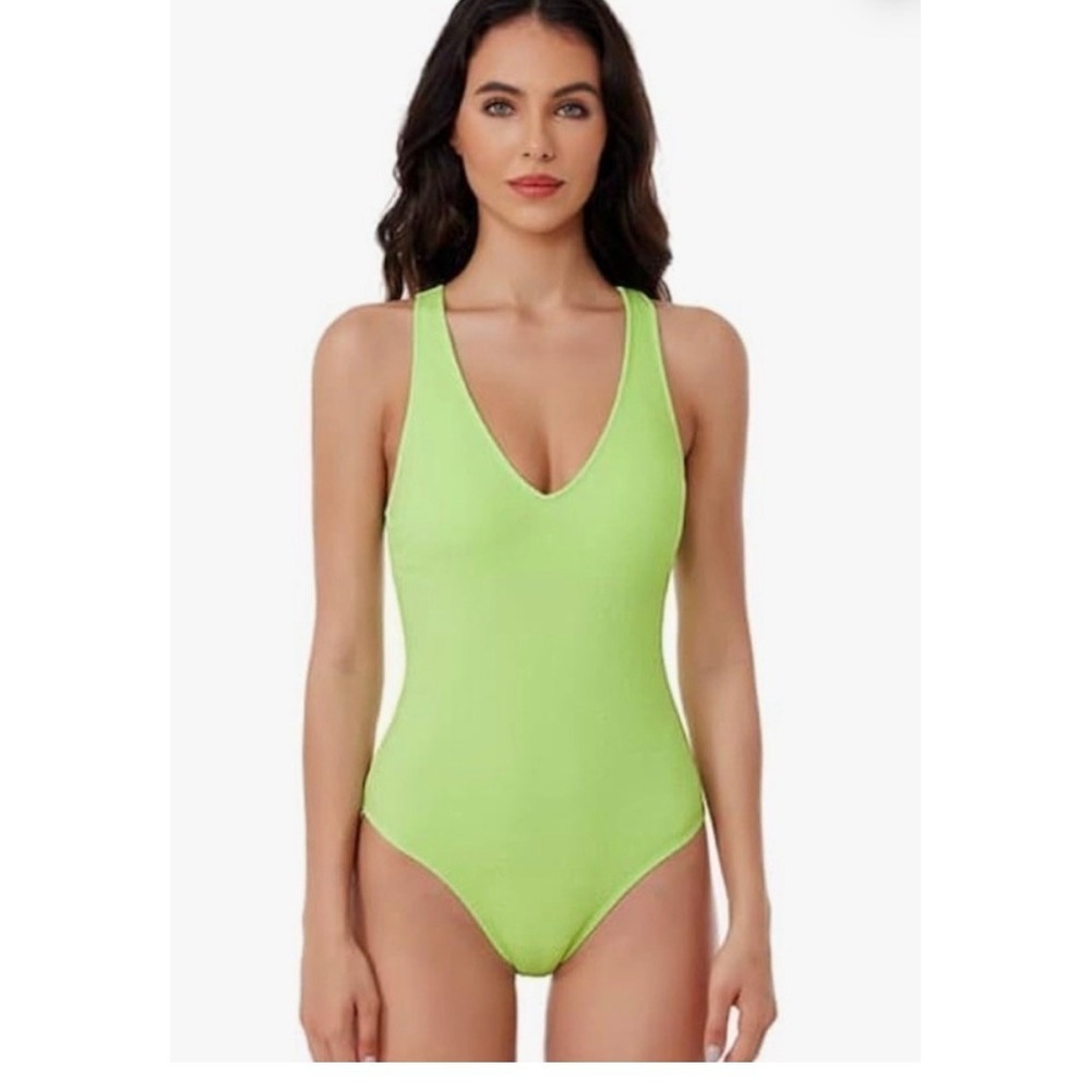BCA by Rebecca Virtue Lime Green Smocked Crinkle V-Neck One-Piece Swimsuit S/P